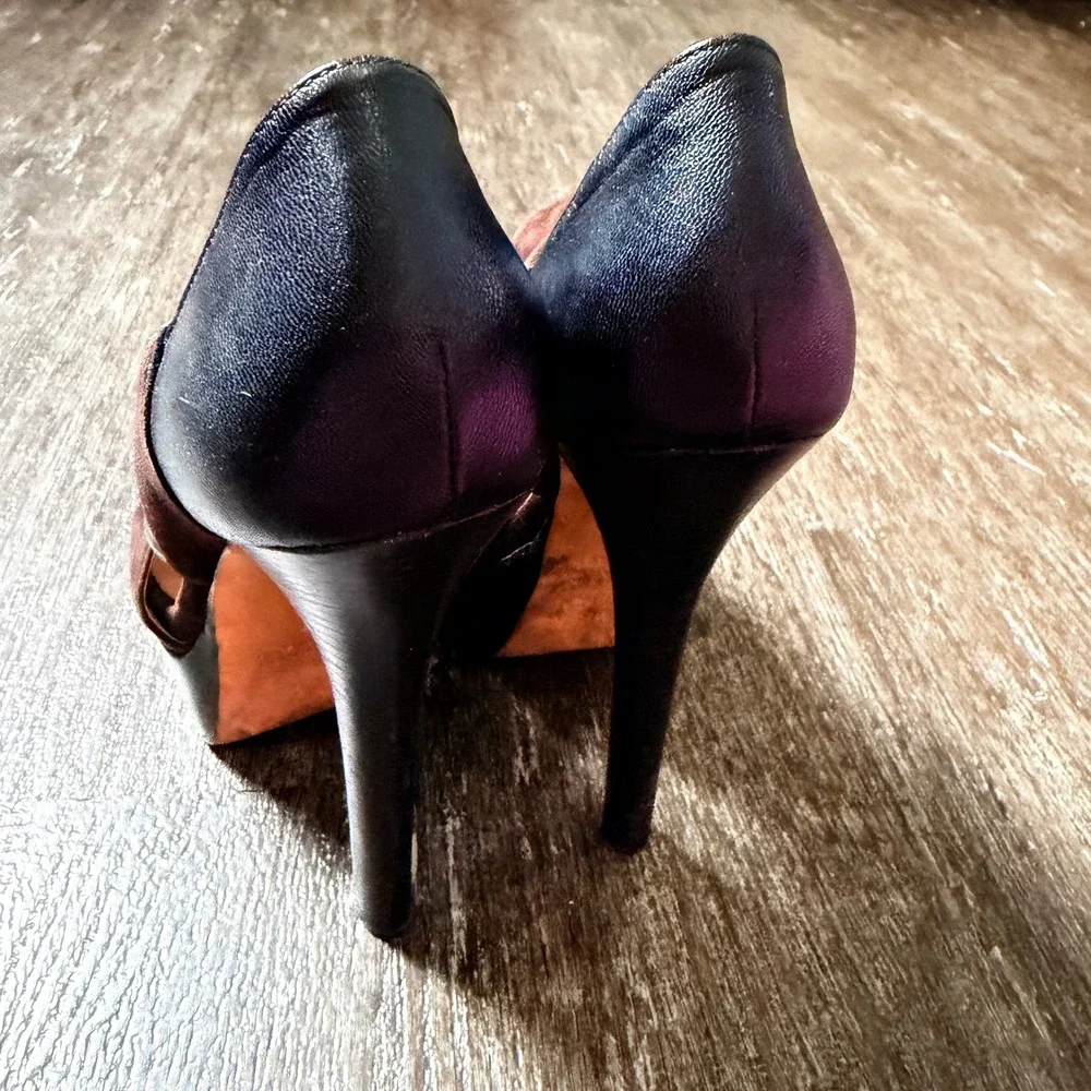 Fendi Platform Heels Womens 36.5 Brown Suede Black Leather Peep Toe Cutout Italy
